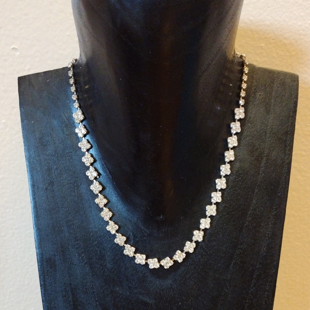 Vintage Rhinestone Necklace In Silver 15" With 1.5" Extender